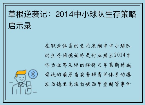 草根逆袭记：2014中小球队生存策略启示录