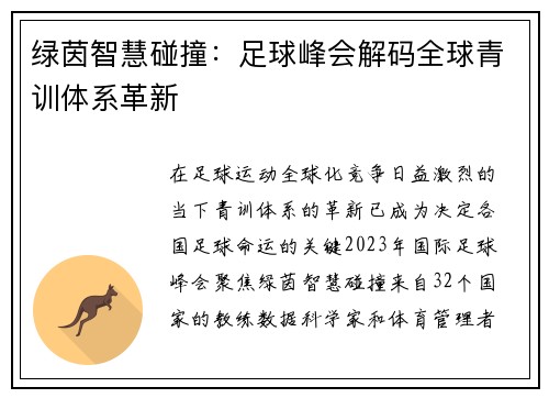 绿茵智慧碰撞：足球峰会解码全球青训体系革新