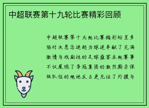 中超联赛第十九轮比赛精彩回顾