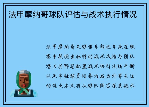 法甲摩纳哥球队评估与战术执行情况
